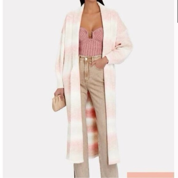 XIRENA minta striped oversized loose fit cardigan duster sweater pink wool M - Picture 10 of 10